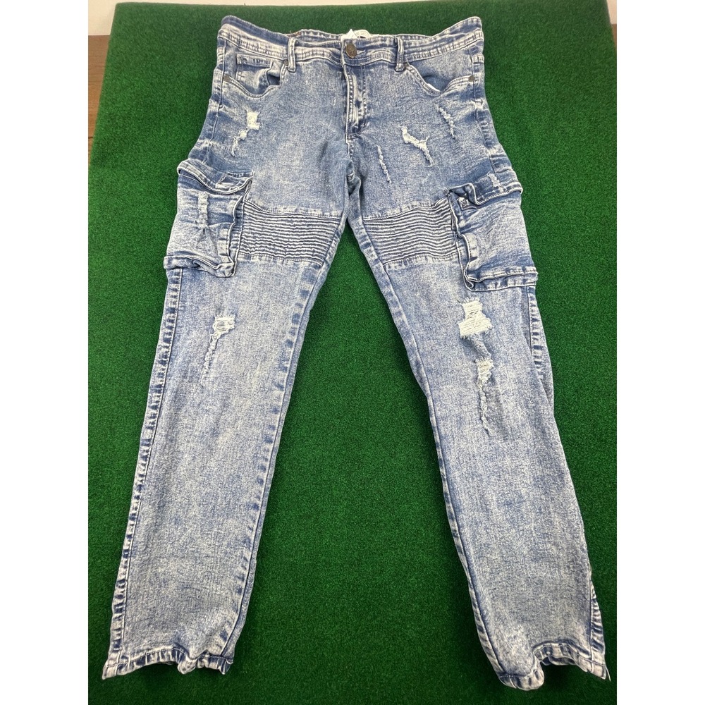 Refinery Republic Mens‎ 34x32 Distressed Acid Wash Cargo Jeans Moto Style